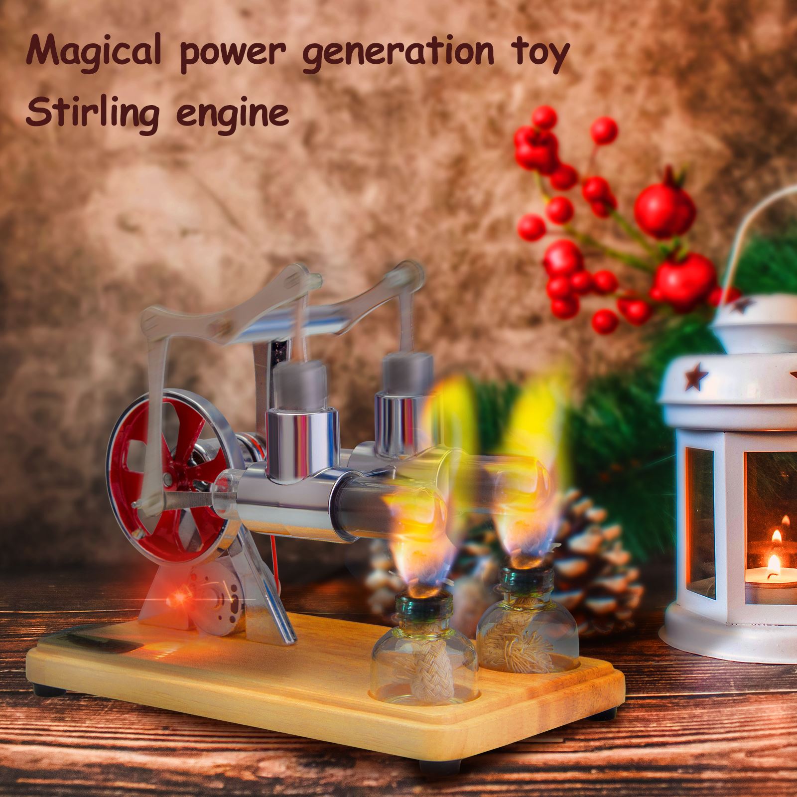 Balance Twin Cylinder Hot Air Stirling Engine External Combustion Engine Model With LED Lamp 4